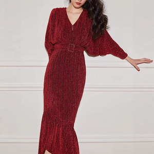 <span class=keywords><strong>Robe</strong></span> décontractée rouge en crêpe à manches longues et col en V avec fente, <span class=keywords><strong>sexy</strong></span> et élégante, pour femme, idéale comme cadeau de <span class=keywords><strong>Noël</strong></span> pour la fête des Mères - Product Image 3