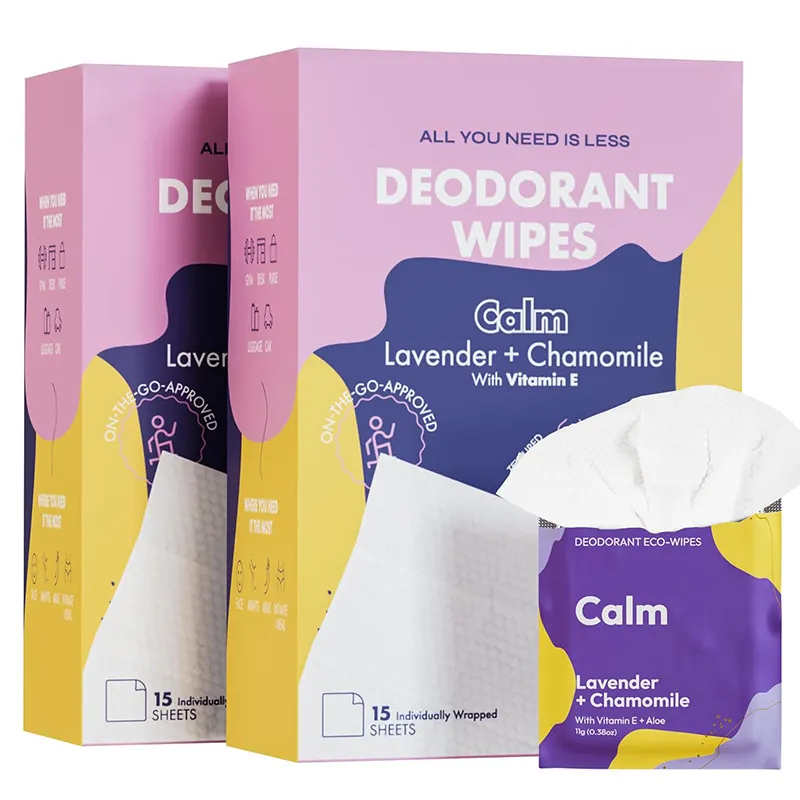 Lenços umedecidos desodorizantes para o corpo feminino com fragrância de lavanda de marca própria, embrulhados individualmente