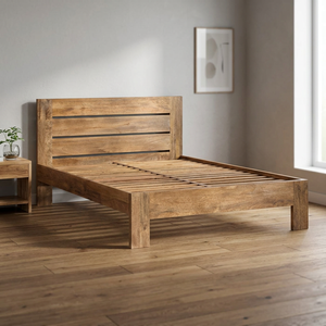 Modern Teak Wood <b>Bed</b> Frame with Horizontal Slatted Headboard <b>Platform</b> Layout - Product Image 3