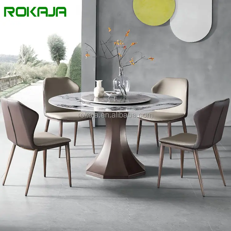 Mesa de comedor de lujo con piedra de bronce, mesa redonda minimalista moderna, juego de sillas