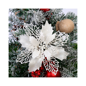 Flores de Pascua con purpurina dorada, adorno para árbol de Navidad, flores artificiales con clips, tallos, adornos navideños - Product Image 2