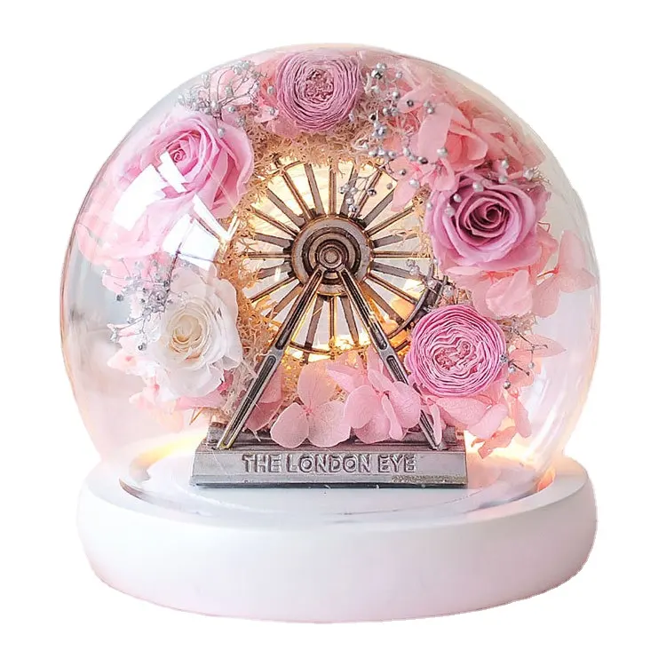 Die London Eye Preserved Rose Glass Dome Riesenrad Ewige Blume mit LED-Licht Geschenkset für Muttertag Geburtstag Hochzeit