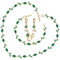 Parure Fleur de Tulipe Dorée Vive Bloom : Collier, Bracelet, Boucles d'Oreilles et Bague avec Zircon Cubique Taille Ovale, Feuille Marquise – Cadeau Coloré pour Femme
