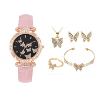 Ensemble Montre 5 Pièces pour Femme, Montre Diamant avec Bague Papillon, Collier, Boucles d'Oreilles et Bracelet, Style Décontracté, Sans Boîte