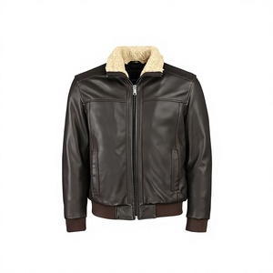 Blouson aviateur homme en cuir véritable marron avec doublure en fausse fourrure, col montant, respirant, fermeture éclair, chaud pour l'hiver, motif moto sur le devant - Product Image 1