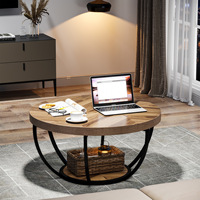 Nouvelle table basse ronde en bois à 2 niveaux avec étagères, plateau en marbre blanc et or moderne