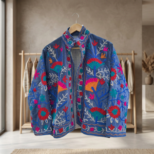 Handmade Velvet Printed Breathable Eco-Friendly Winter Quilted Short Jacket | Boho Bomber Suzani Coat - Product Image 2