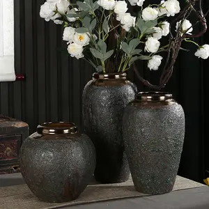 Ensemble de 3 vases de sol en céramique rétro faits à la main, pot d'argile grossier antique, vase à fleurs en glaçure verte