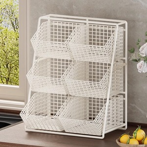 Cestino Portaoggetti in Metallo per <span class=keywords><strong>Cucina</strong></span>, Design a Tre Livelli Compartimentato, Rimovibile, Grande Capacità per Verdura, Frutta e Snack - Product Image 1