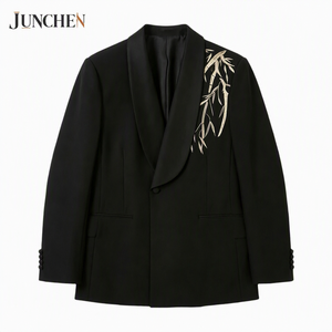 <span class=keywords><strong>Costume</strong></span> pour <span class=keywords><strong>homme</strong></span> au design <span class=keywords><strong>oriental</strong></span> moderne, veste formelle à col châle avec motif bambou doré pour les garçons d'honneur - Product Image 5