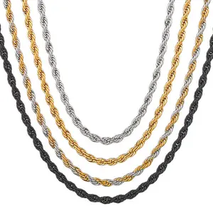 Collar de cadena de cuerda trenzada para hombre y mujer, de acero inoxidable, chapado en oro, 3mm, 4mm, 5mm, 6mm