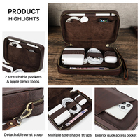 Pochette technique vintage en cuir tanné végétal, organiseur d'accessoires électroniques de voyage avec emplacement pour Apple Pencil