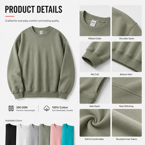 เสื้อสเวตเชิ้ตคอกลมผ้าฝ้าย 100% 300GSM พิมพ์โลโก้ได้ตามสั่ง ขายส่ง เสื้อผ้าสตรีทแวร์พรีเมียม แบบเปล่า สีเขียวมอส - Product Image 4