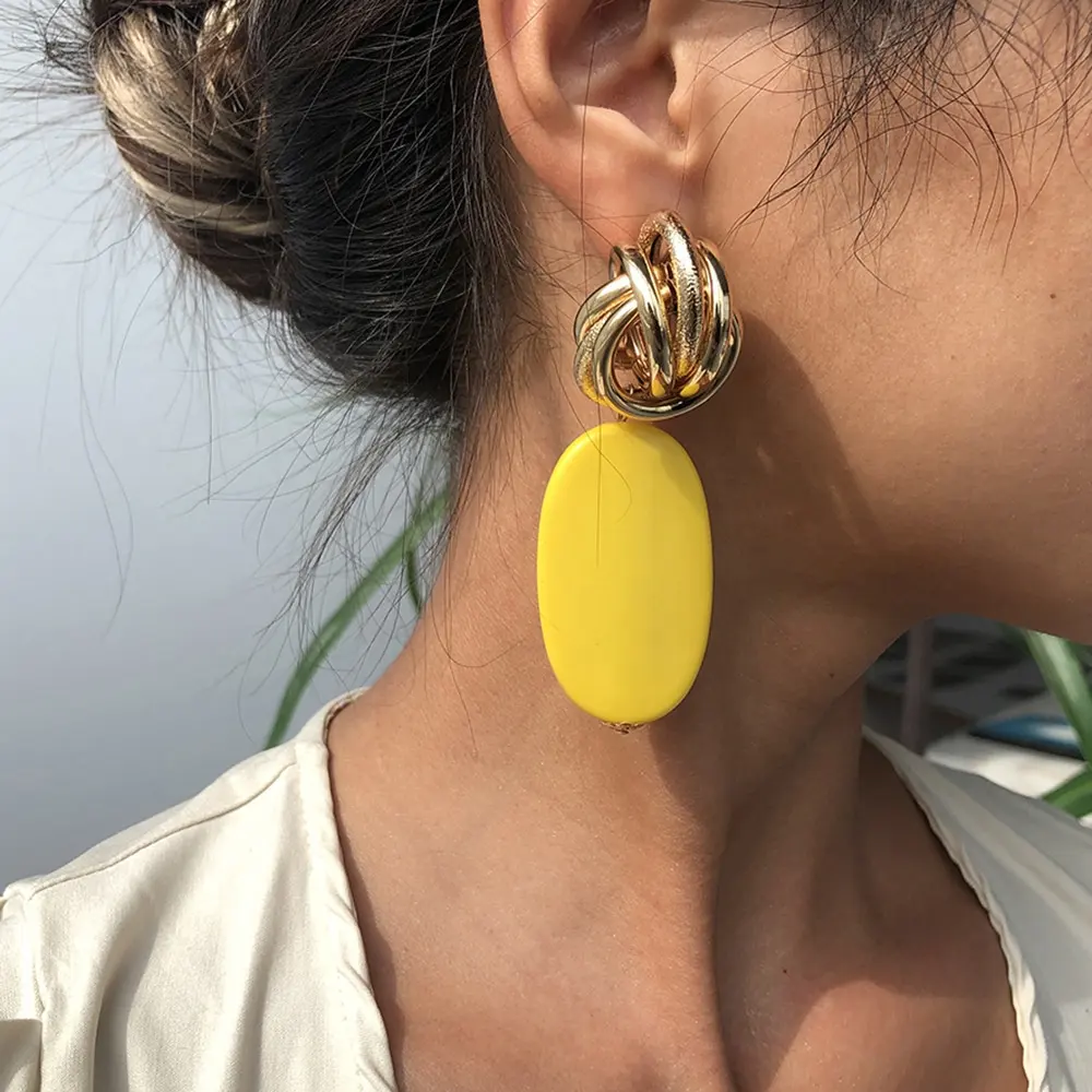 Kaimei fashion personality long earrings exaggerated earrings alloy plating lemon yellow oval dangle resin drop earrings charms