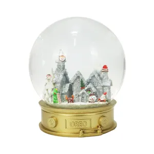 Custom Made Christmas Village Glass Gold Base Snowball With Flakes