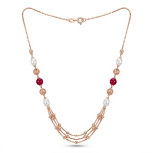 Collar Mala Italiano de Plata 925 con Acabado en Oro Rosa, Perla Roja, Cadena de Diseño Multicapa, Joyería para Mujer - Product Image 1