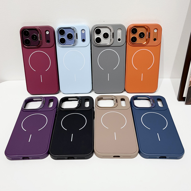 Skin Feel Silicone Magnetic Shockproof Phone Case for iPhone 14 15 16 17 18 Pro Max Camera Lens Stand Shockproof Back Cover