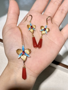 Conjunto de joyería UM Jewelry 925 Sliver Orchid in the Valley con ágata roja y piedras preciosas de rubí rojo cultivado en laboratorio (pendientes + colgante) - Product Image 6