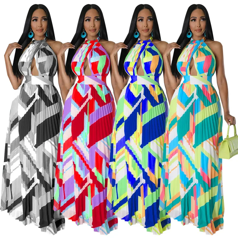2023 new arrivals women beach print halter neck sleeveless pleated fabric long maxi dress sexy vintage elegant outfit for women