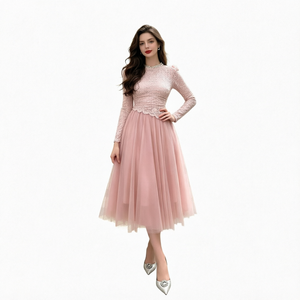 <b>Pink</b> Lace Full Sleeves Dress with <b>Skirt</b> Set for <b>Womens</b> Midi Length Dress A-Line Tulle Midi Evening Gown Spring/Summer Party Wear - Product Image 2