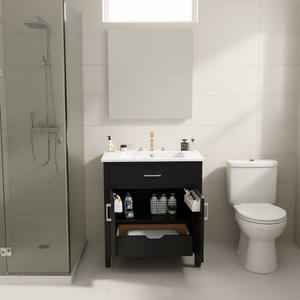 Meuble-lavabo de salle de bain 30 pouces avec vasque en céramique, grand espace de rangement, design moderne, pour petites salles de bain - Product Image 2