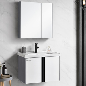 Mueble de Baño Moderno de Pared con Espejo y Lavabo de Cerámica Negro - Product Image 1