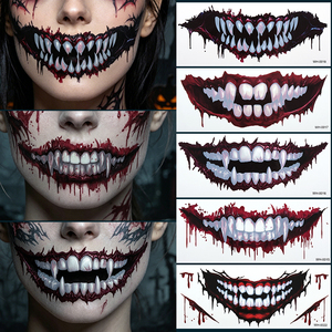 Precio de fábrica: <span class=keywords><strong>Tatuaje</strong></span> temporal no tóxico de maquillaje de terror realista con boca sangrienta de vampiro, colmillos de Joker y sonrisa, de papel blanco indio. - Product Image 1