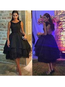 ชุดราตรีงานพรอมไซส์พิเศษของเด็กผู้หญิง,ชุดงานปาร์ตี้ยาวถึงเข่าผ้าซาตินสีดำแบบเปิดหลังคอกลม - Product Image 3