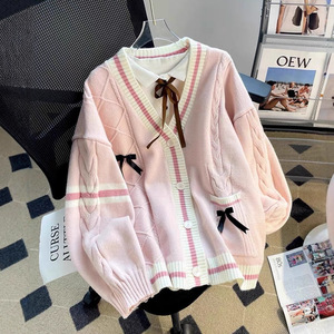 Women's Autumn Winter Loose Knit <b>Cardigan</b> With Bow Contrast Color Single Breasted Anti Pilling Design - Product Image 1