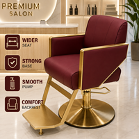 Fauteuil de Barbier Personnalisé OEM/ODM en Cuir Rouge Vin avec Base Ronde en Métal Doré – Mobilier Professionnel pour Salon de Coiffure