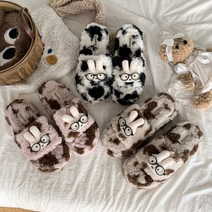 Women <strong>S</strong> Shoes Cozy <strong>Sheepskin</strong> Knit Home <strong>Slippers</strong> With Fleece Lining And Bow Winter Leopard Pattern Peep Toe Slides For <strong>Men</strong> Wo - Product Image 1