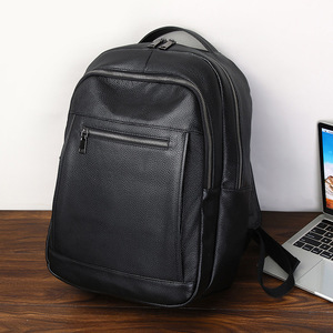 Laualstenr Genuine <b>Leather</b> Laptop <b>Backpack</b> 15.6 Inch Mens Travel <b>Backpack</b> <b>Large</b> Capacity Black Solid Color Soft Handle - Product Image 2