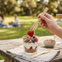 Ecologisch verantwoorde, biologisch afbreekbare bamboe vorkjes voor kinderen, geschikt voor fruit, desserts en het serveren van eten.