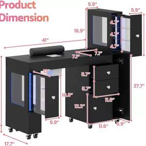 Mesa de manicura con iluminación LED, vitrina, ruedas con bloqueo, cajón para aspiradora, reposamuñecas, resistente al ácido acético - Product Image 2