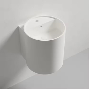 Lavabo rond semi-piedestal mural en pierre artificielle traditionnelle, à encastrer, capacité 9L, pour appartement, avec égouttoir - Product Image 3