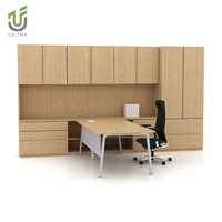 IULTRA Bureau de direction en placage gris moderne en forme de L Bureau de PDG durable avec bras de montage et fonctionnalités intelligentes