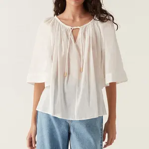 Nuovo Design estivo elegante camicia bianca in cotone di lino di alta qualità morbida camicetta a mezza manica Casual per le donne