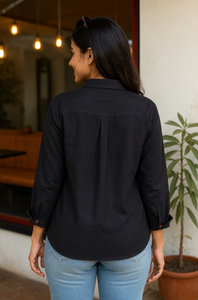 Camisa holgada de algodón negro a rayas con cuello vuelto para mujer |   Ropa Casual con Contraste de Color - Product Image 5
