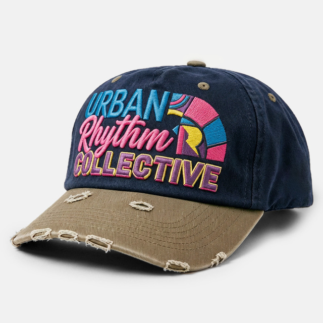 Manufacturer Retro Vintage Damage Distressed Brim Embroidery logo Two Tone Unstructured Low Profile Cotton Baseball Cap