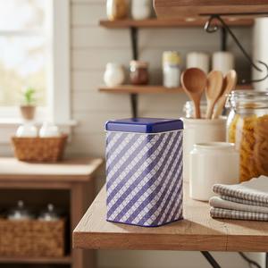 1.7 L Purple Plaid Striped Slip <b>Lid</b> Storage Tin Box 105x105x160 mm Square <b>Bin</b> with Elegant Pattern - Product Image 3