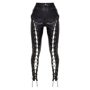Pantalones de Cuero Negros de Estilo Gótico, de Cintura Alta y Corte Recto, con Cordones Delanteros, Largos, Transpirables, para Mujer, Ideales para Invierno - Product Image 1