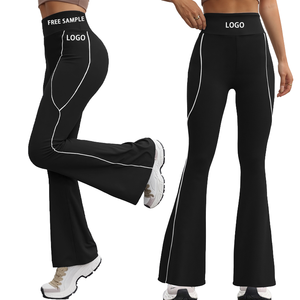 Pantalons de yoga noirs évasés de qualité supérieure pour femmes avec détails de bordure contrastée blanche et taille haute pour les collections de fitness professionnelles - Product Image 1