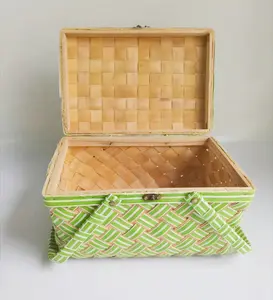 Nouveau design panier de pique-nique tissé à copeaux de bois créatif de style vert panier de rangement avec couvercle à poignée