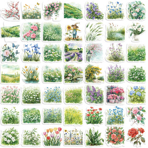 50PCS <span class=keywords><strong>Acuarela</strong></span> primavera paisaje floral planta verde flor mixta lavanda tulipán girasol pegatina - Product Image 4