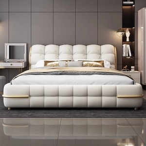 Modern Simple Luxury Leather <strong>Bed</strong> Cream Style Double Queen Size with Soft Bag <strong>Backrest</strong> <strong>for</strong> Master Bedroom Wedding Wooden Frame - Product Image 2