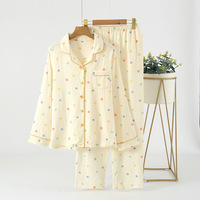 Pyjama pour femmes en coton pur, nouveau style, printemps automne, fin, imprimé, manches longues, style pastoral japonais, double couche devant
