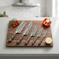 Couteau de Chef Ambidextre Fait Main en Acier Damas 67 Couches avec Manches en Bois de Guibourtia Rouge, Lame Droite, 6 Lames Durables et Tranchantes