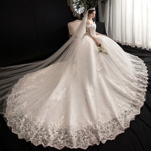 Magnifique Robe de Mariée Élégante à Épaules Dénudées, Sans Manches, avec Appliques en Dentelle Perlée, Lacets et Traîne Cathédrale - Product Image 1