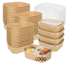 Tazón de ensalada cuadrado de papel kraft desechable impreso a medida, apto para alimentos, para refrigerios, dulces, fideos, comida para llevar, con tapa de plástico PP - Product Image 1