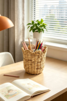 Panier de rangement festonné en jacinthe d'eau naturelle tressée artisanale, pot de fleurs en osier, porte-stylos de bureau, pour la maison